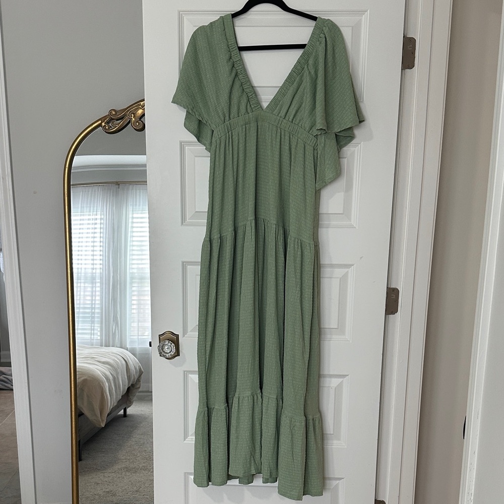 Sage Green V-Neck Tiered Maxi Dress with Flutter Sleeves